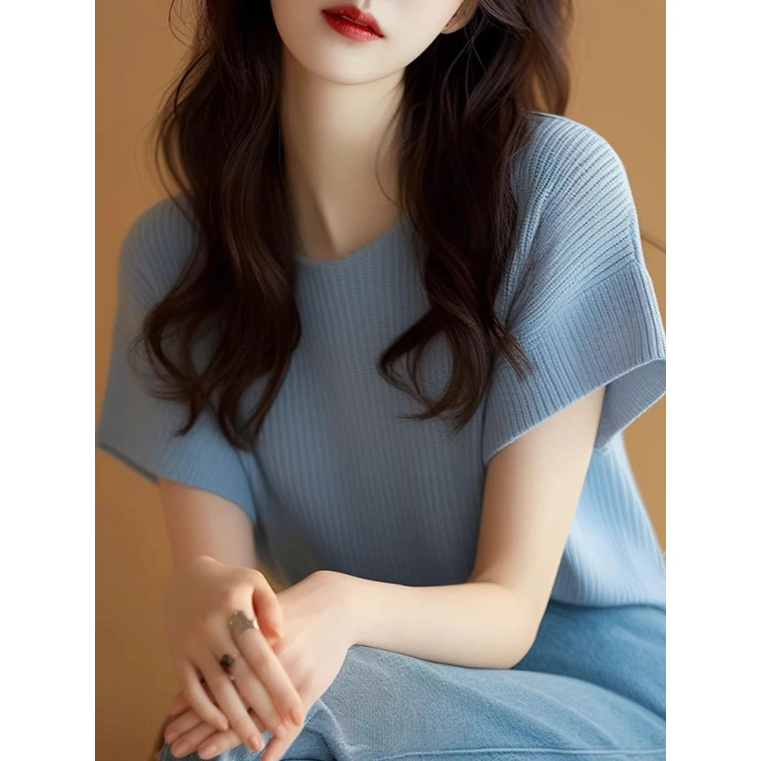 蓝色针织短袖T恤夏季新款2025欧货小衫爆款独特别致微胖正肩上衣