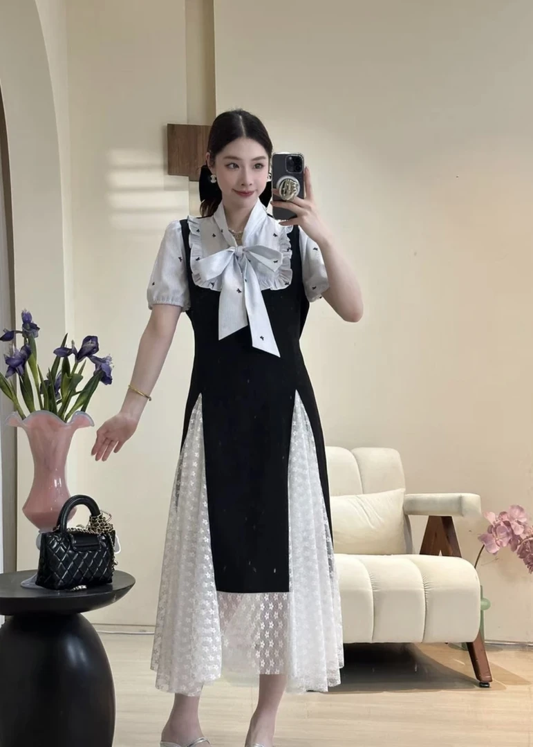 十一原创【香香女孩】连衣裙 微胖女孩蝴蝶结蕾丝拼接时尚气质显瘦