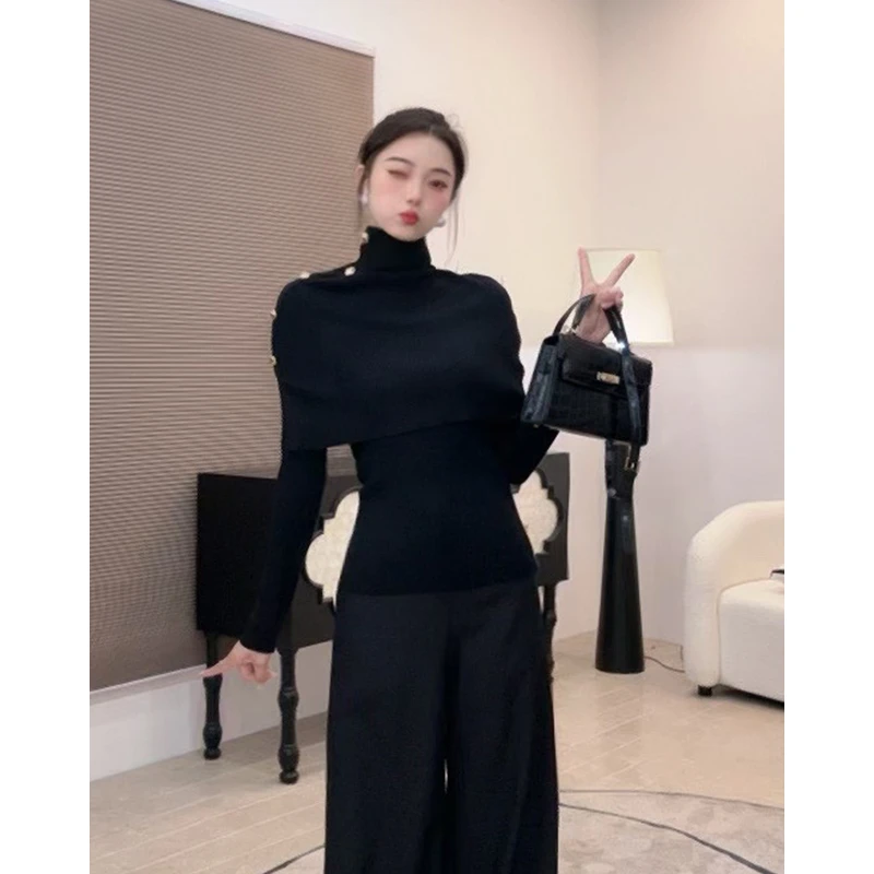 真两件高级感气质长袖披肩高领针织衫女秋季新款打底衫上衣012