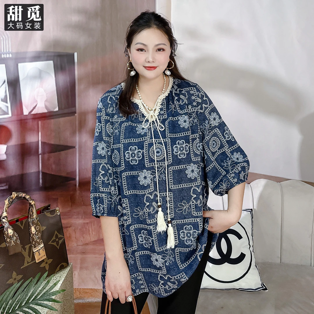 甜觅特大码女装2025夏季胖mm300斤蕾丝拼接波西米亚宽松V领雪纺衫