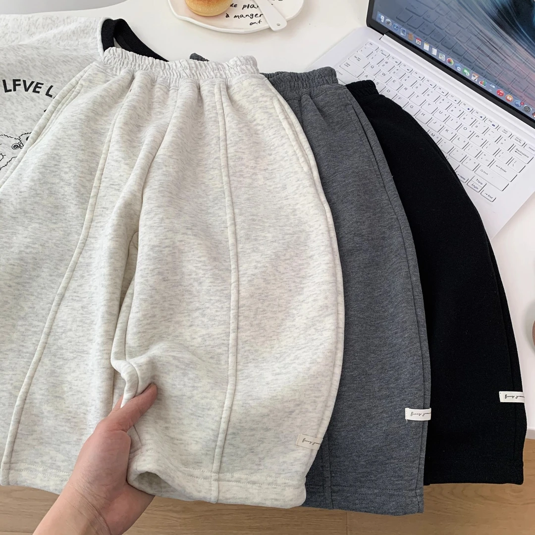 儿童加绒休闲裤2025秋冬男女童纯色弯刀裤百搭中小童宽松阔腿裤子