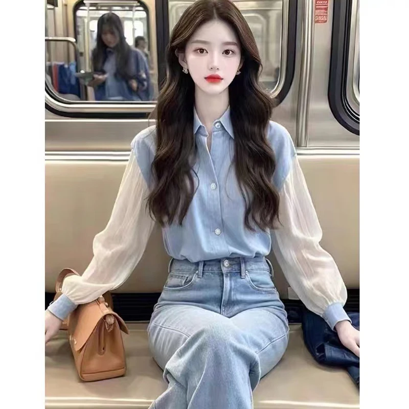 法式气质蓝色拼接长袖衬衫女2025早春新款高级感独特别致小上衣