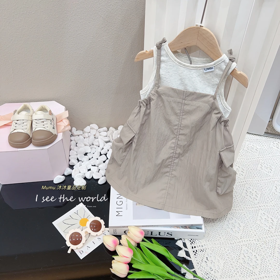 现圆子家 女童夏季工装背心裙两件套新款2025韩版洋气奶茶棕套装