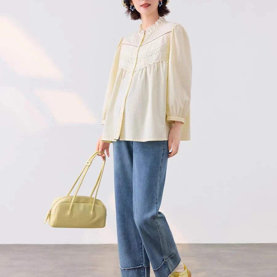 快乐屋蕾丝拼接孕妇上衣秋装2025新款时尚长袖孕妇装外穿衬衫潮妈