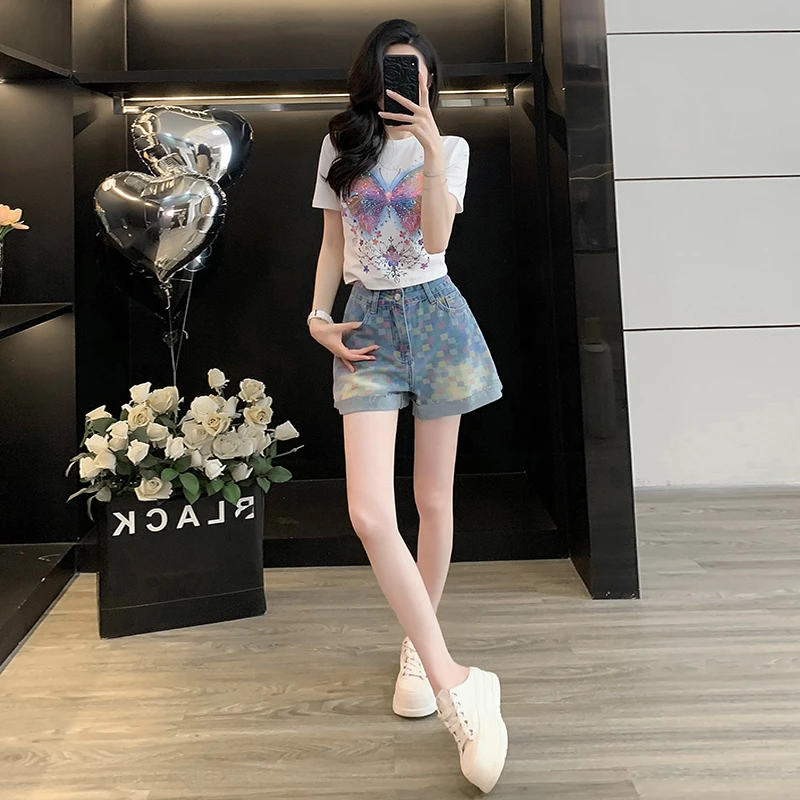 夏季新款多巴胺洋气时尚烫钻短袖t恤高腰做旧洗水牛仔短裤套装女