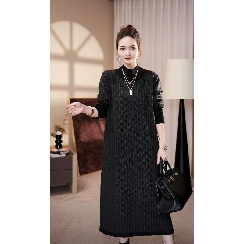 高端【镜默黑】时尚春秋轻奢时尚毛衣洋气打底宽松连衣裙-1281#
