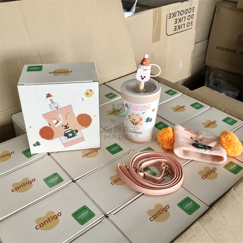 卡通不锈钢保温吸管杯高颜值冬季水壶带斜挎肩带
