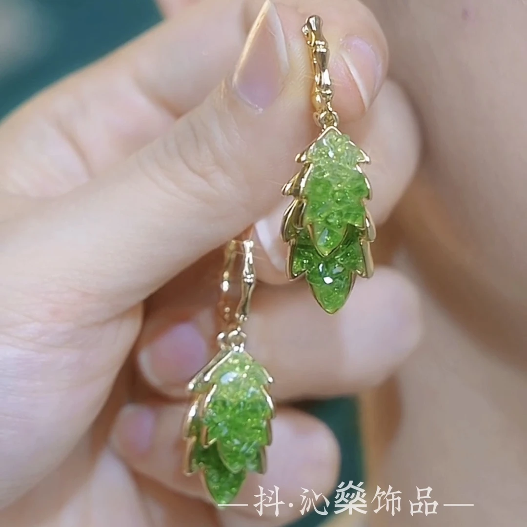 铜合金合成锆石耳饰 【金枝玉叶】渐变绿色叶子流苏耳环轻奢耳饰