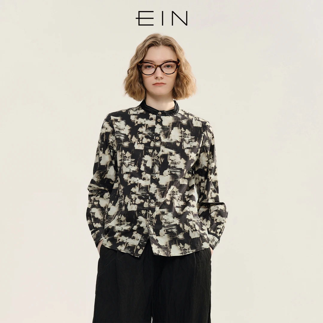 EIN/言艺术感印花撞料立领设计灯笼长袖复古文艺休闲衬衫女早秋款