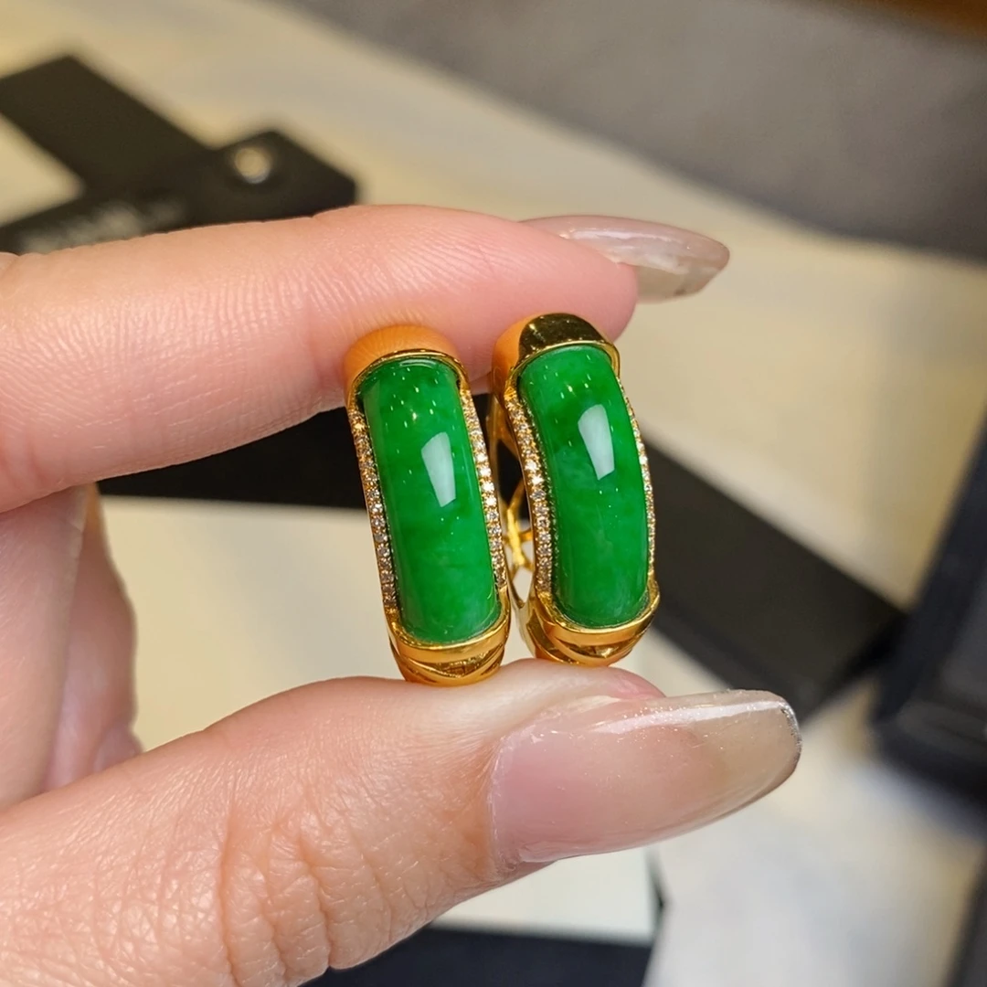 翡翠耳饰18K金镶嵌辣阳绿圈圈