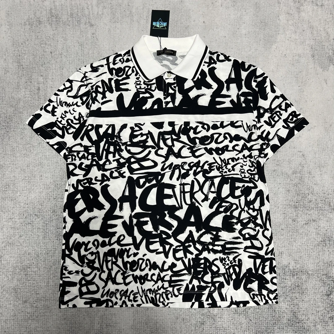99新 VERSACE/范思哲 字母涂鸦LOGO满印/翻领polo衫/M码 43952