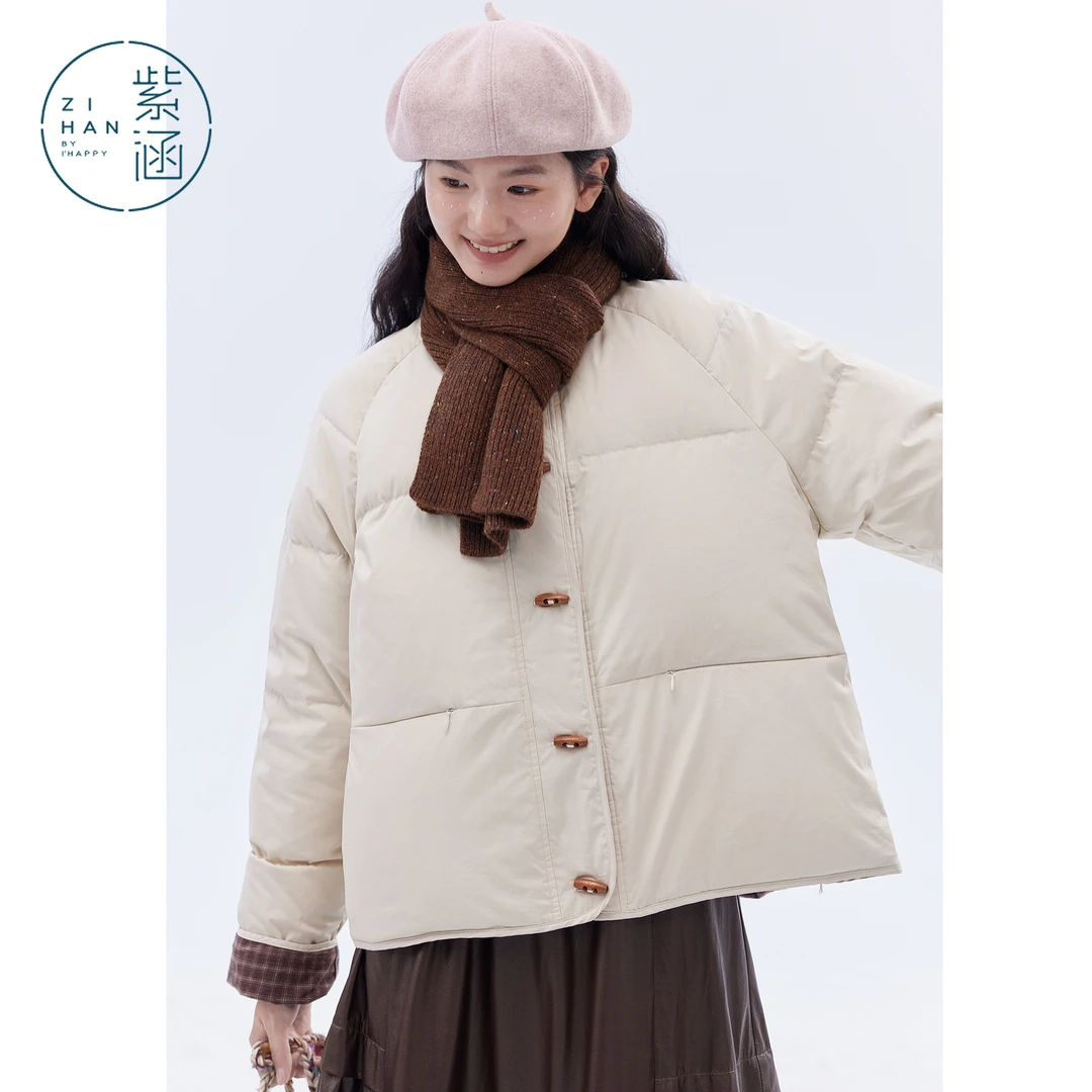 紫涵短款羽绒服2025年冬季新款正反两穿牛角扣宽松外套Z5Z10ZS404