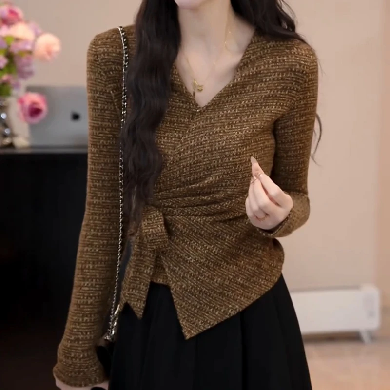 【长风和煦】千金风蝴蝶结绑带交叉V领T恤女秋季LK2507530