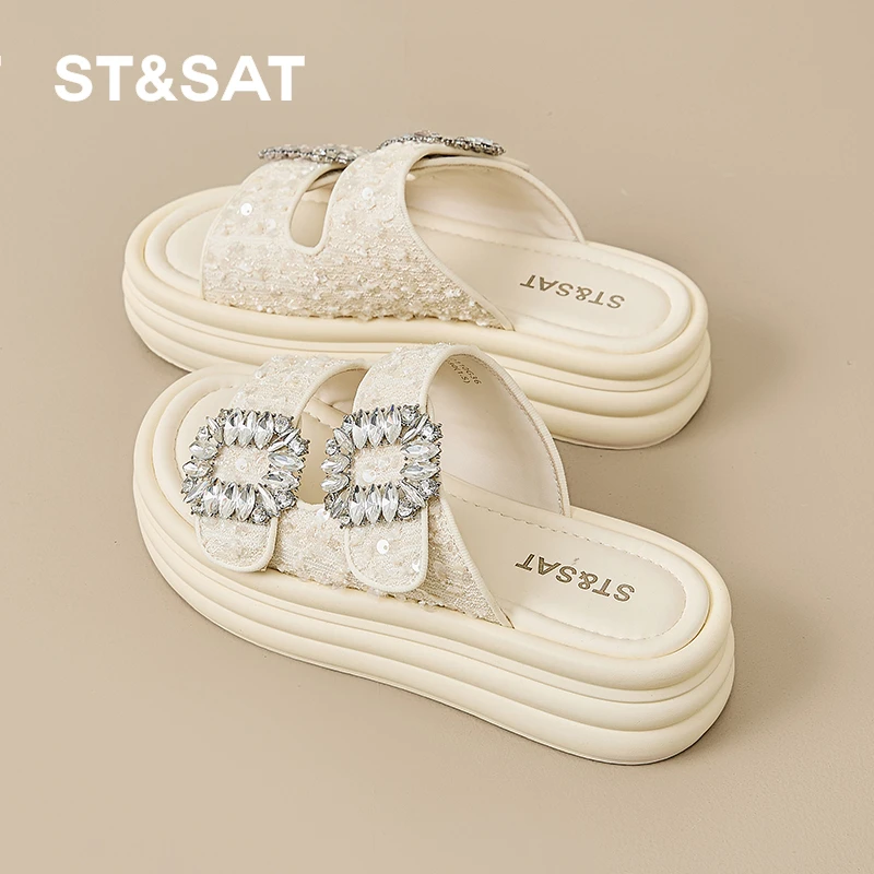 星期六厚底外穿拖鞋2025夏季新款水钻一字拖女士松糕增高沙滩凉拖