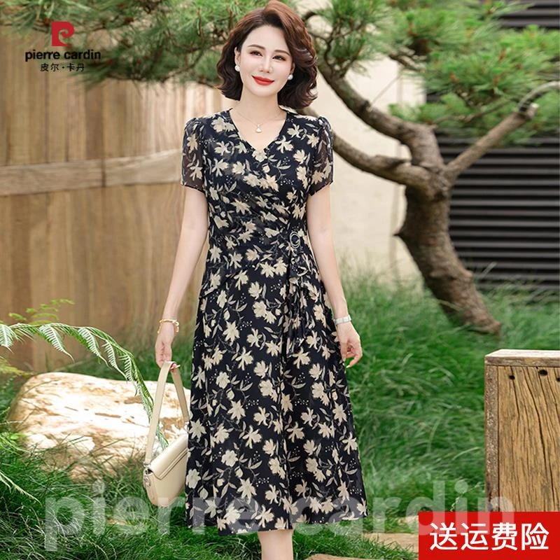 皮尔卡丹中年妈妈夏装洋装2025中老年女装夏季洋派质雪纺短袖裙子