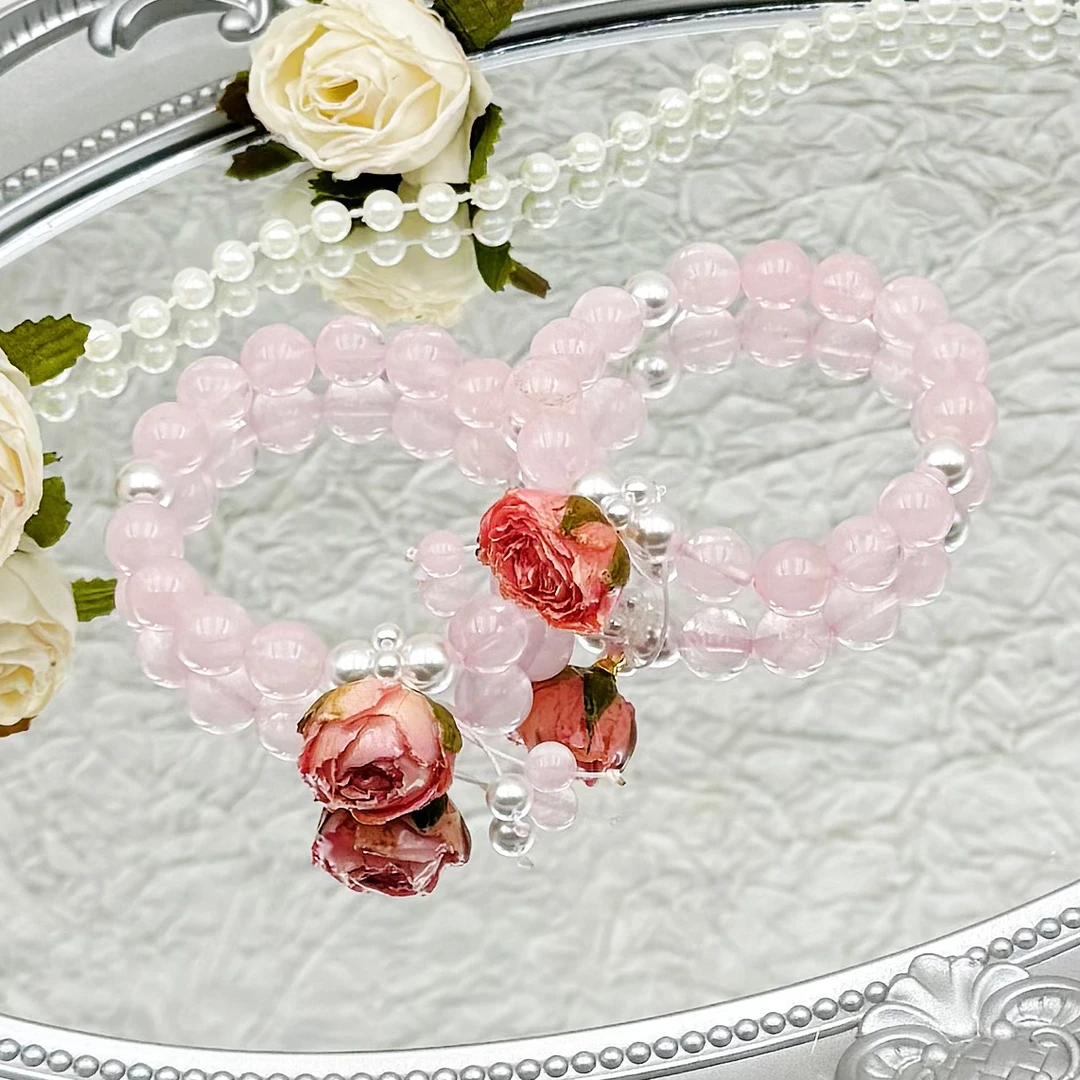 「出水芙蓉」莱玺原创设计芙蓉粉水晶搭配玫瑰花手串多样性发一