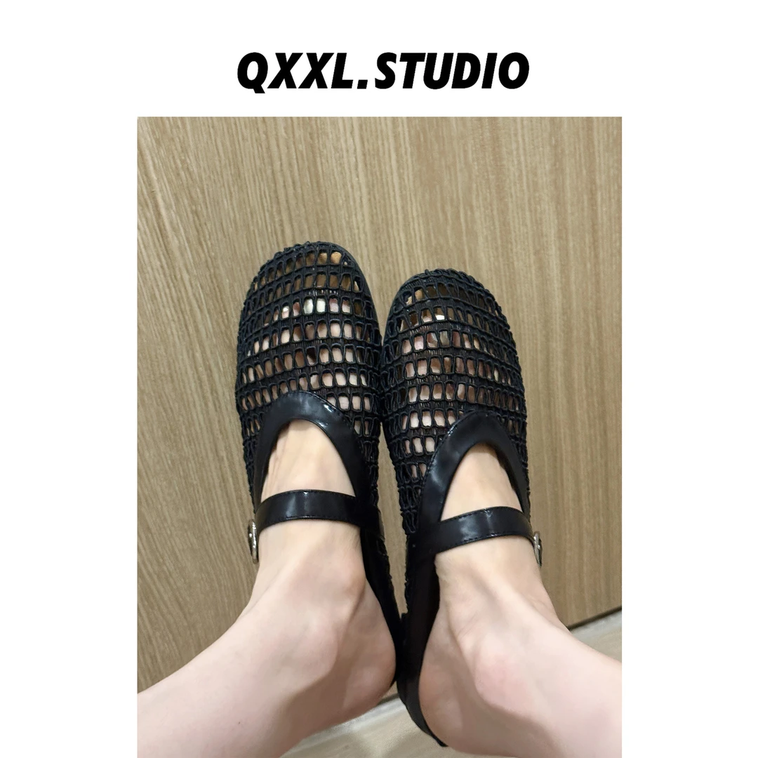 邱小小丽呀 牛皮镂空网面凉鞋女 一字扣圆头平底浅口玛丽珍单鞋