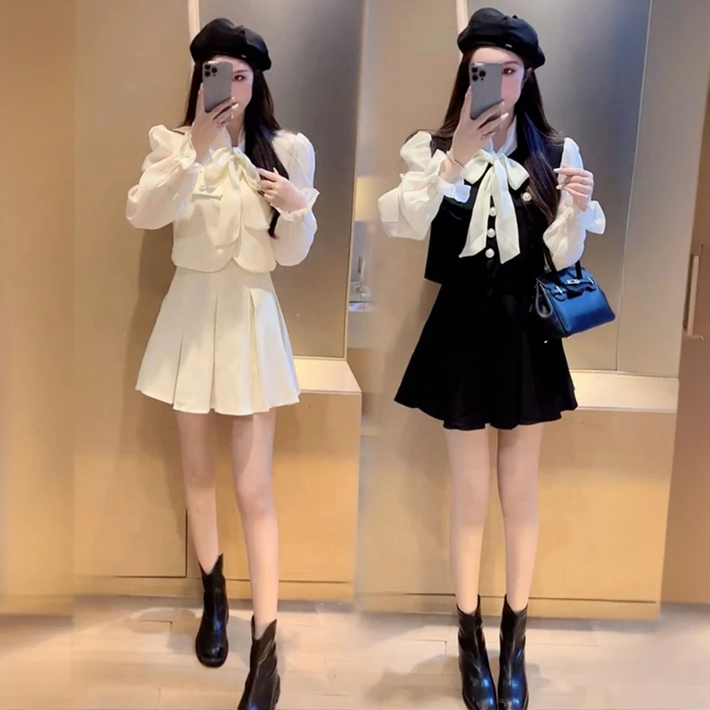 新款法式上衣两件套装香风蝴蝶结外套女高腰百褶裙秋季小香风套装