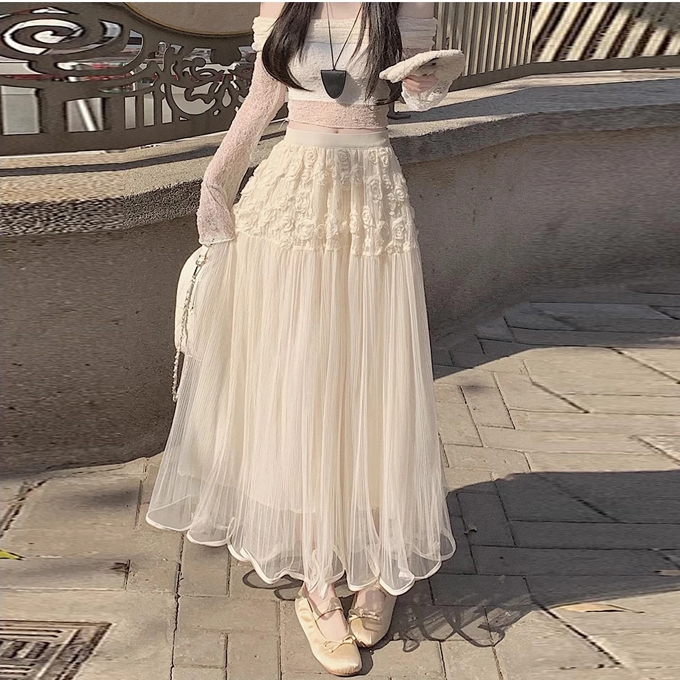 设计感网纱花朵半身裙女高腰垂感A字伞裙到脚踝遮肉大摆长裙