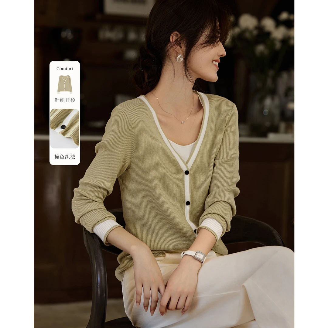 XWI/欣未【直播】2025春季新款女针织V领撞色长袖短款百搭针织开衫