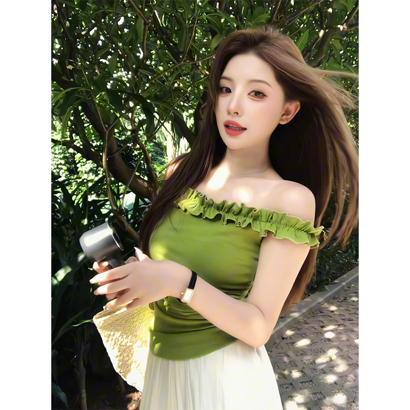 法式一字肩花边无袖T恤女夏季辣妹风修身上衣直筒宽松休闲阔腿裤