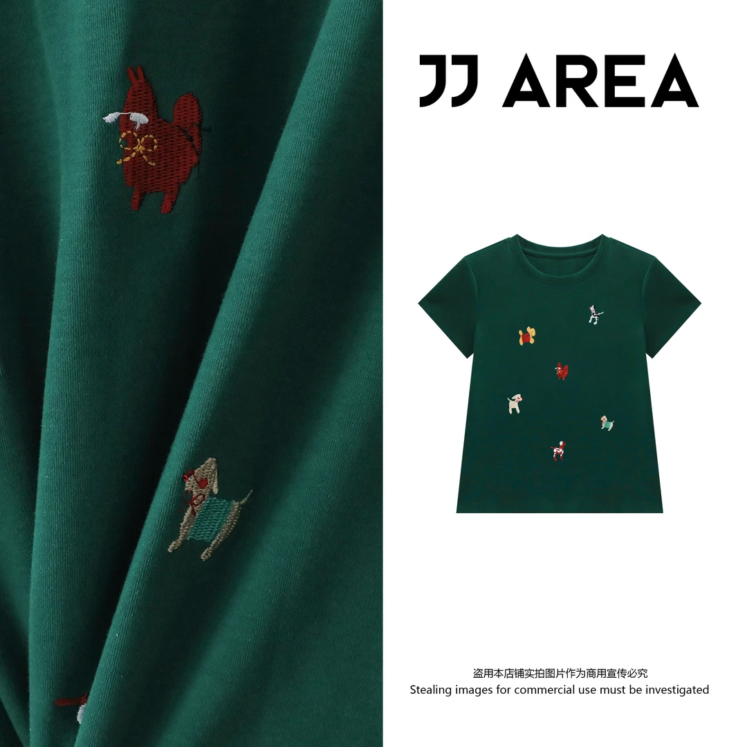 【JJ AREA】娇娇“刺绣小狗”25新款时尚重工刺绣圆领T恤百搭春夏短袖