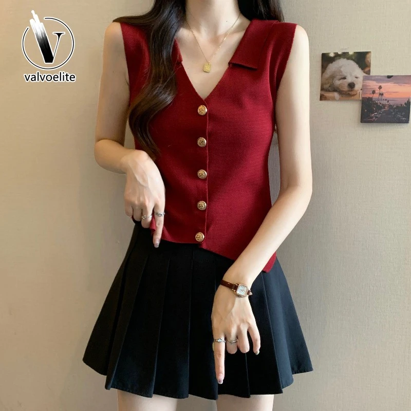 VALVOELITE小香风红色Polo领背心女外穿夏季大码高级感无袖上衣