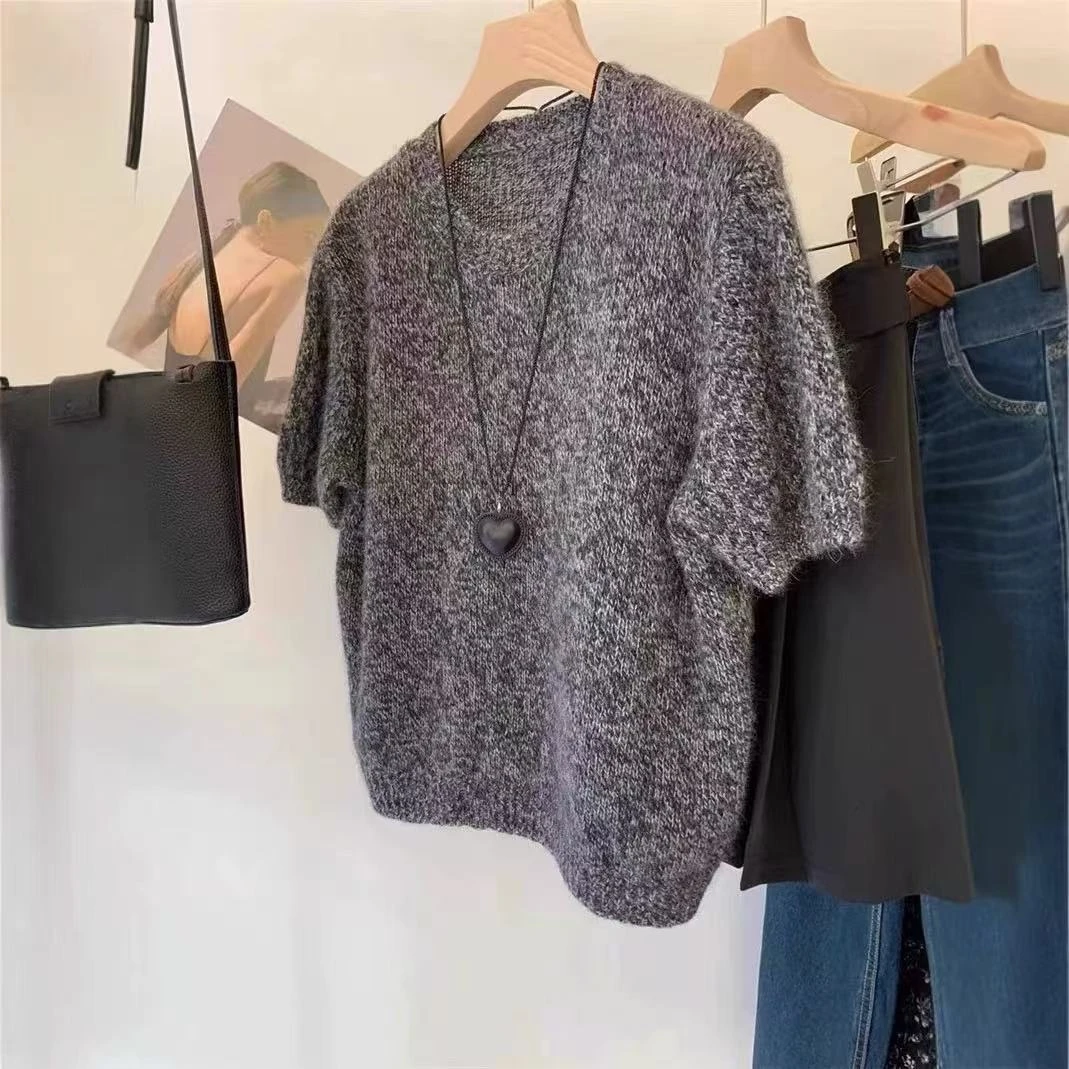 软糯套头短袖花纱复古圆领欧货时尚高级感上衣