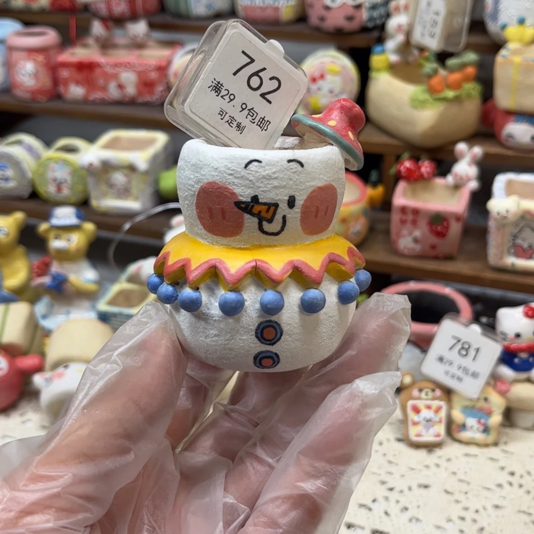 762雪人花盆手绘微瑕