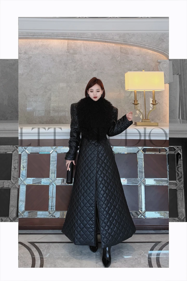 LTT 冬季新款时髦精高级感菱格PU收腰显瘦大毛领长款棉衣风衣外套