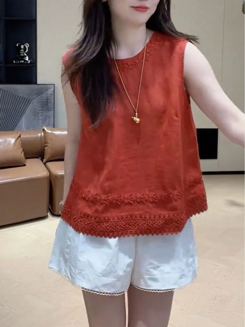 2025夏季新款韩版设计感宽松红色花边领无袖衬衫白色短裤套装女潮