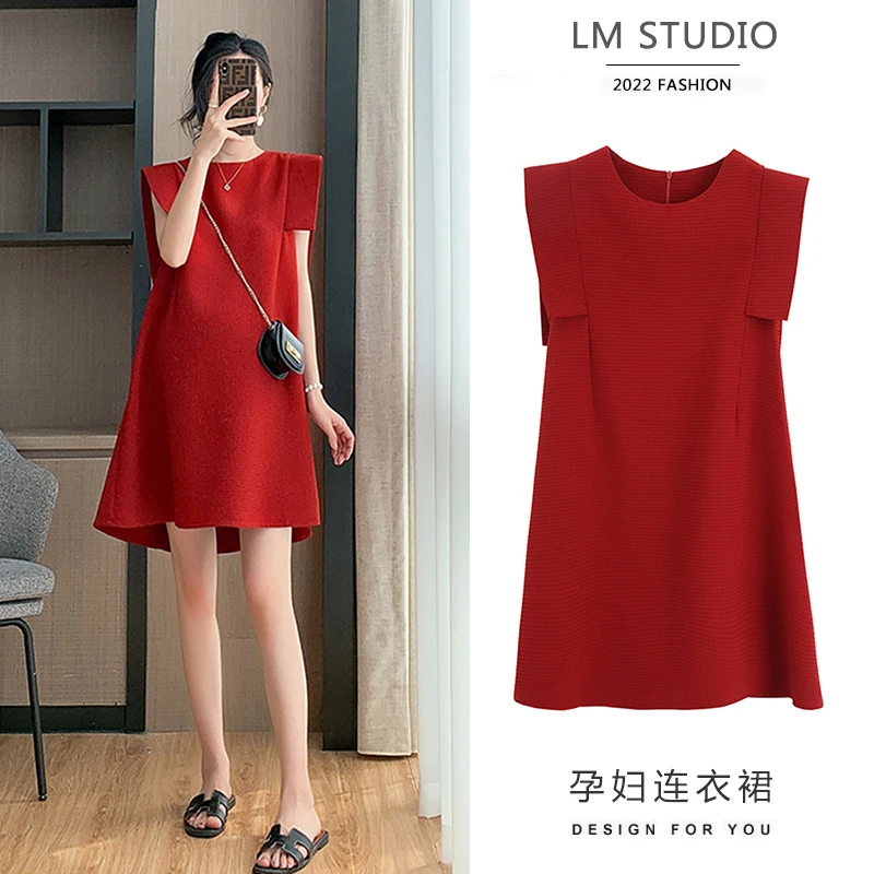 2025夏季韩版新款无袖显瘦遮肚红色中长款孕妇大码夏装连衣裙
