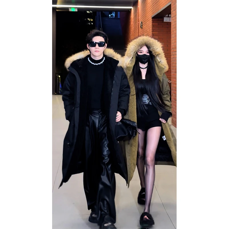 龙叨叨冬季新品工装设计感大毛领长款羽绒服90白鸭绒连帽保暖外套