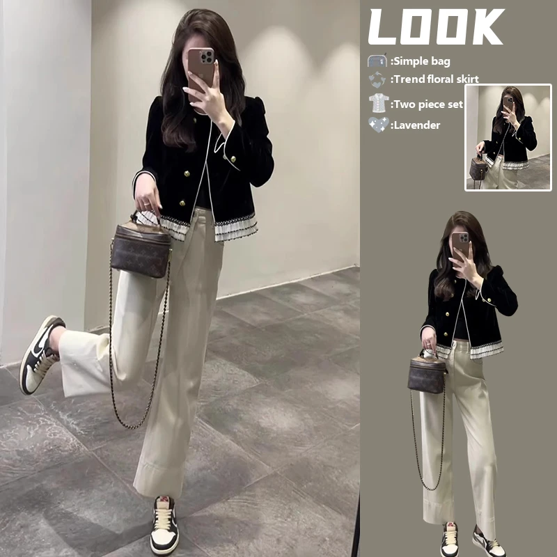 今年流行的爆款秋季女设计感别致拼色减龄开衫外套+高腰休闲裤潮