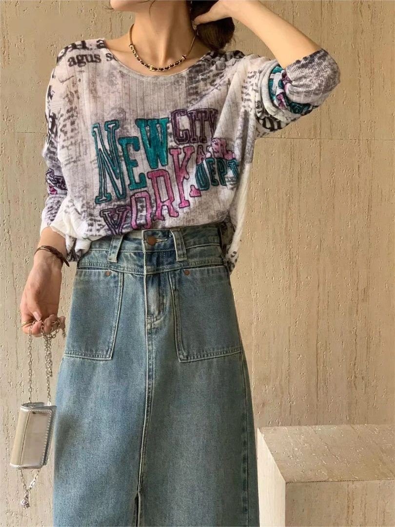 高级感水溶羊毛毛衣女打底上衣商场同款美式复古印花圆领9512