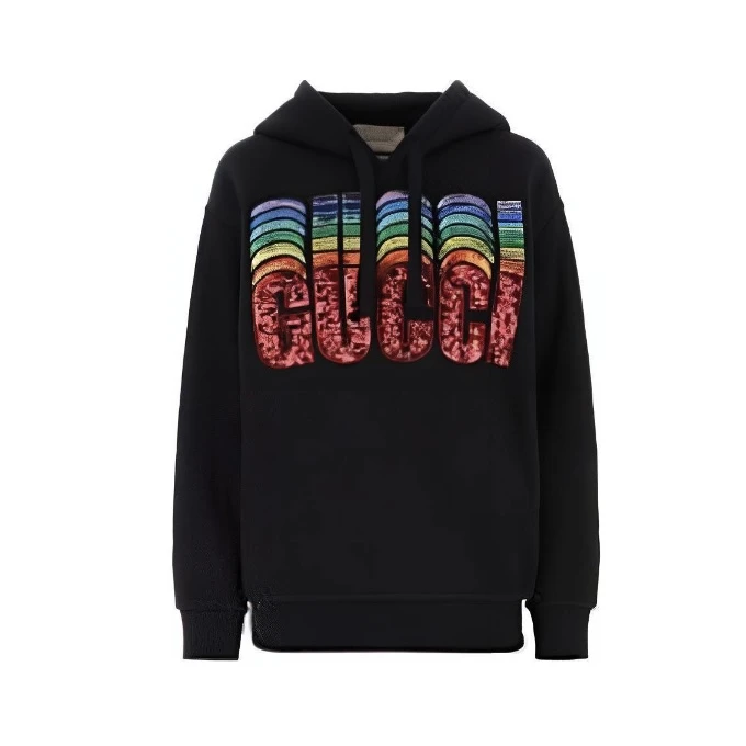 全新未使用 GUCCI/古驰 古驰亮片字母logo连帽长袖卫衣黑色