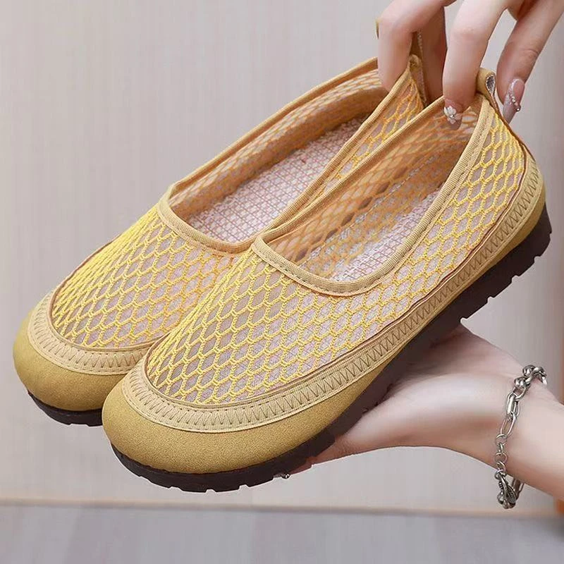 2025夏季新款平底鞋网纱透气软底妈妈鞋休闲舒适浅口韩版鞋子