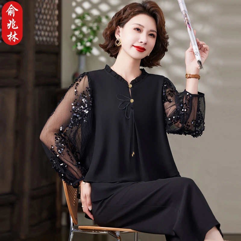 俞兆林妈妈春装雪纺套装阔太太气质小衫中老年女装夏季洋气两件套