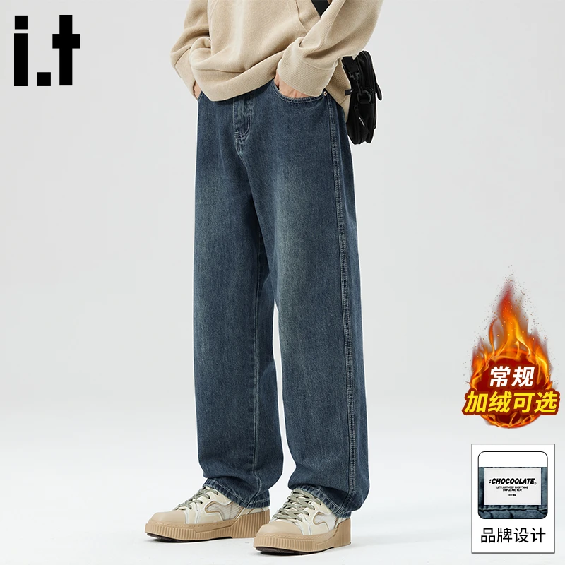 it: CHOCOOLATE潮牌加绒加厚牛仔裤男冬季保暖户外休闲宽松直筒裤