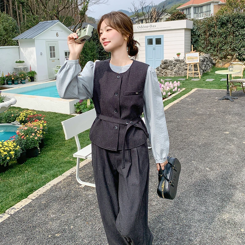 时尚气质轻熟风套装女春秋2025新款韩系西装马甲衬衫阔腿裤三件套