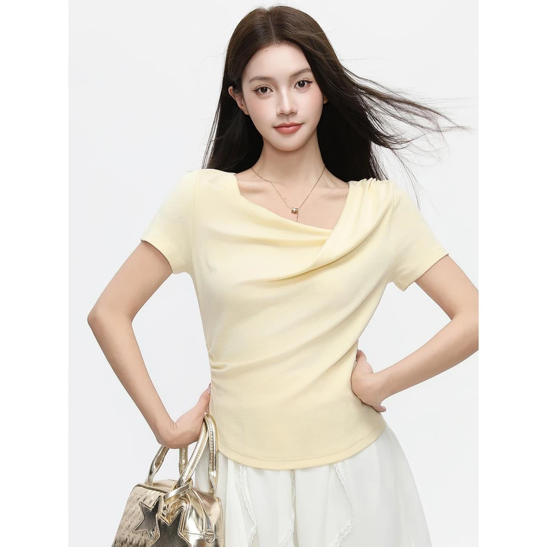 多巴胺一衣三穿斜肩荡领小众短袖T恤女夏独特绝美漂亮设计感上衣