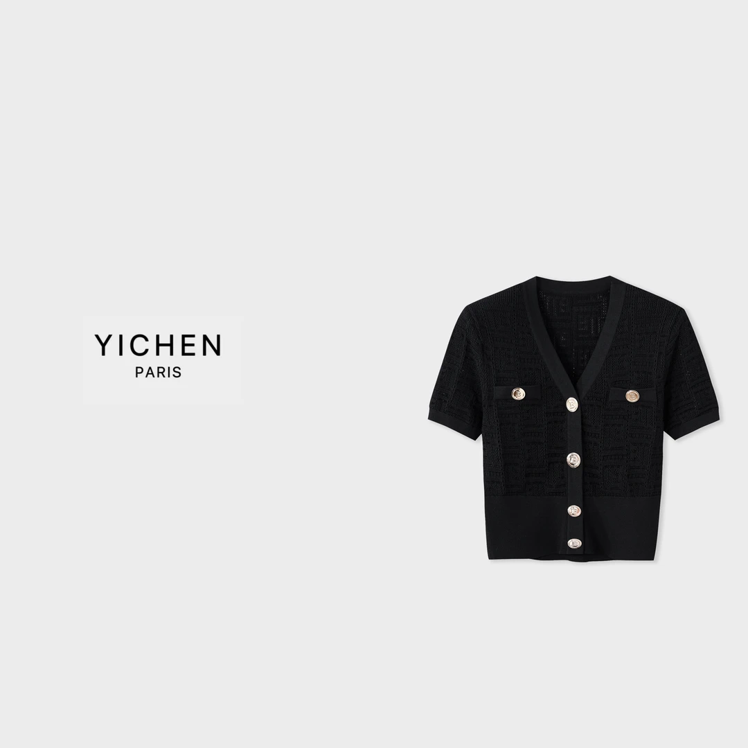 YC 薄款黑金白金V领短袖款式针织衫 - 2103