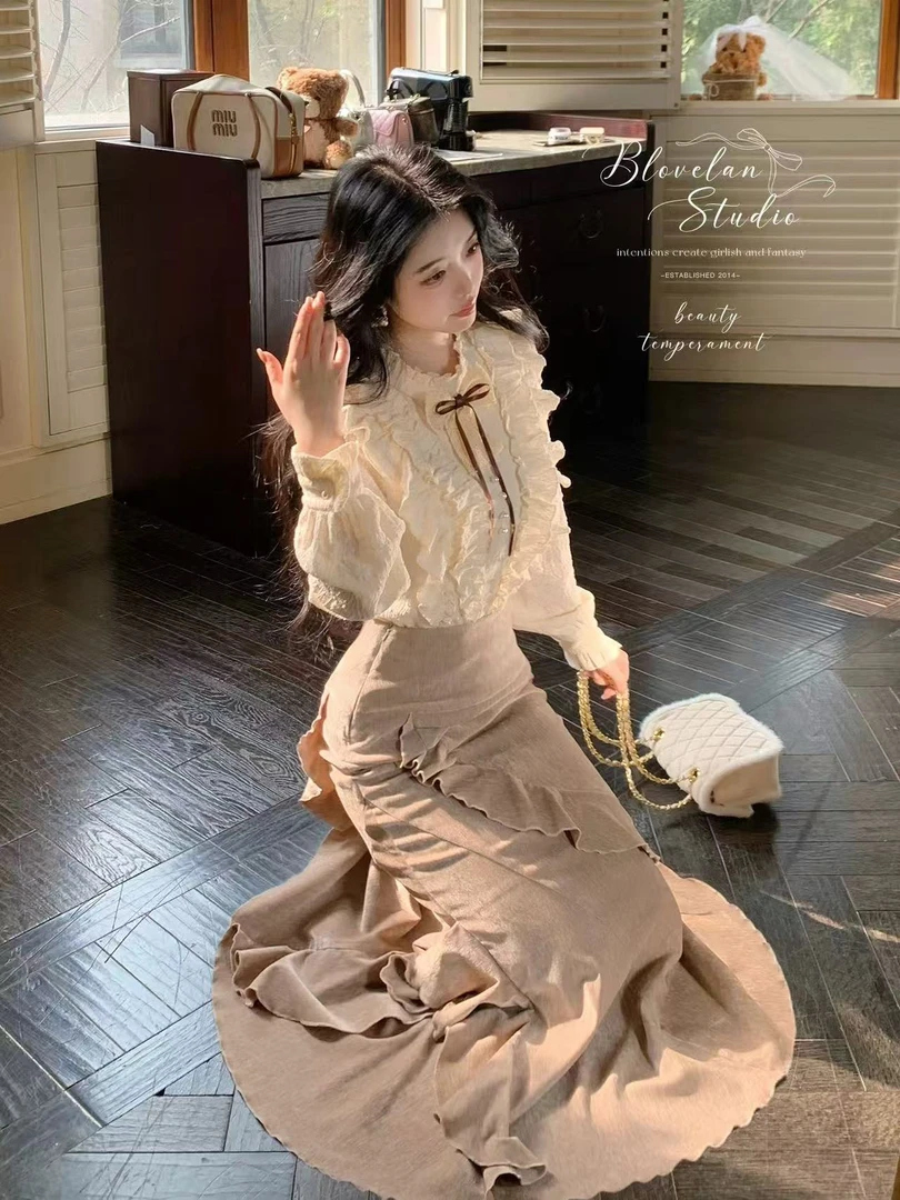 旧梦庄园 法式千金加绒款衬衫+不规则鱼尾半身裙清楚系