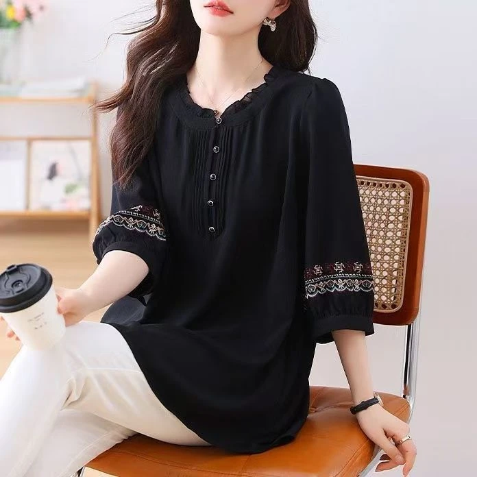 【店铺热销】富婆衬衫新款刺绣宽松衬衫七分袖女大码妈妈装