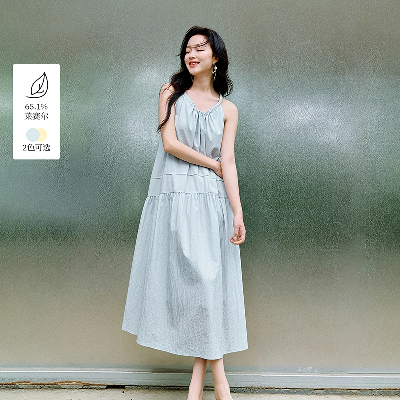 【欧若假日风】茵曼夏季莱赛尔欧若风挂脖无袖连衣裙女宽松a字裙子