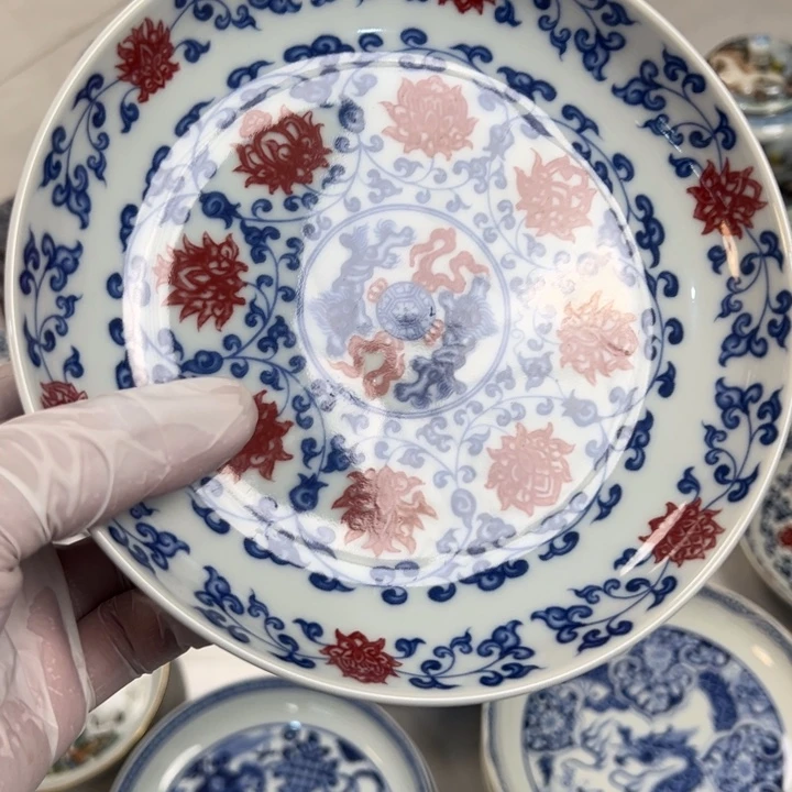 瓷片白青花釉里红缠枝莲大壶承