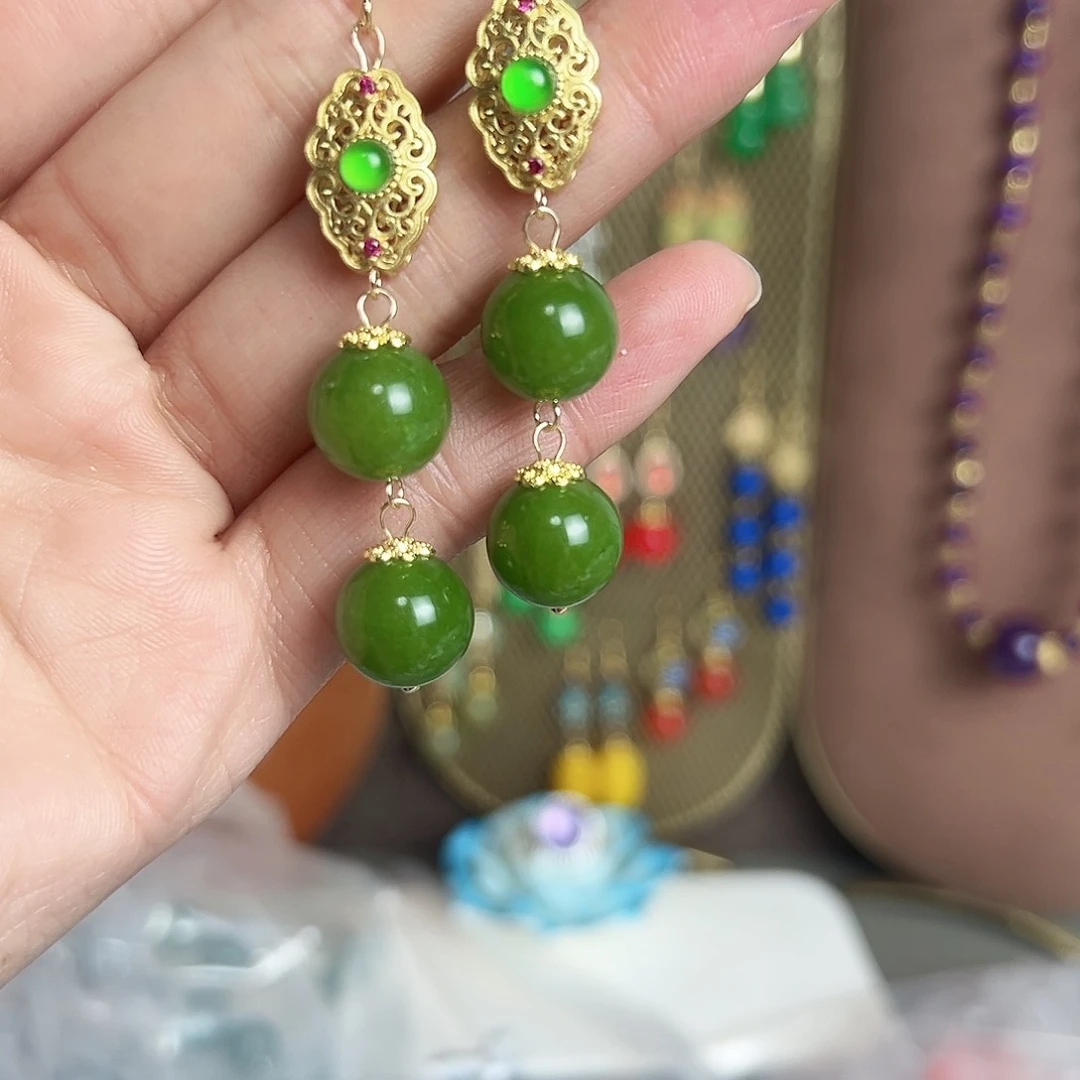 银S925镶嵌耳钉玛瑙/玉髓绿色