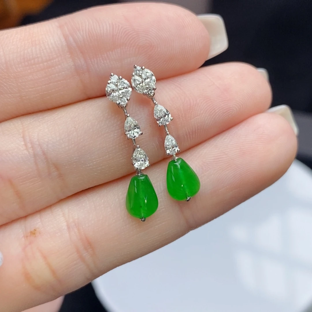 翡翠18K金镶嵌耳饰冰阳绿扁珠