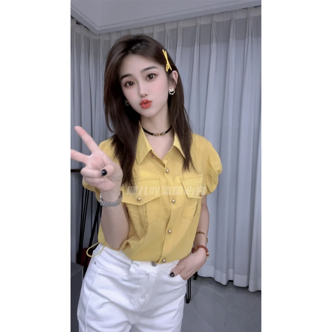 设计感翻领单排扣抽绳泡泡袖衬衫夏季新款时尚短款宽松显瘦上衣女