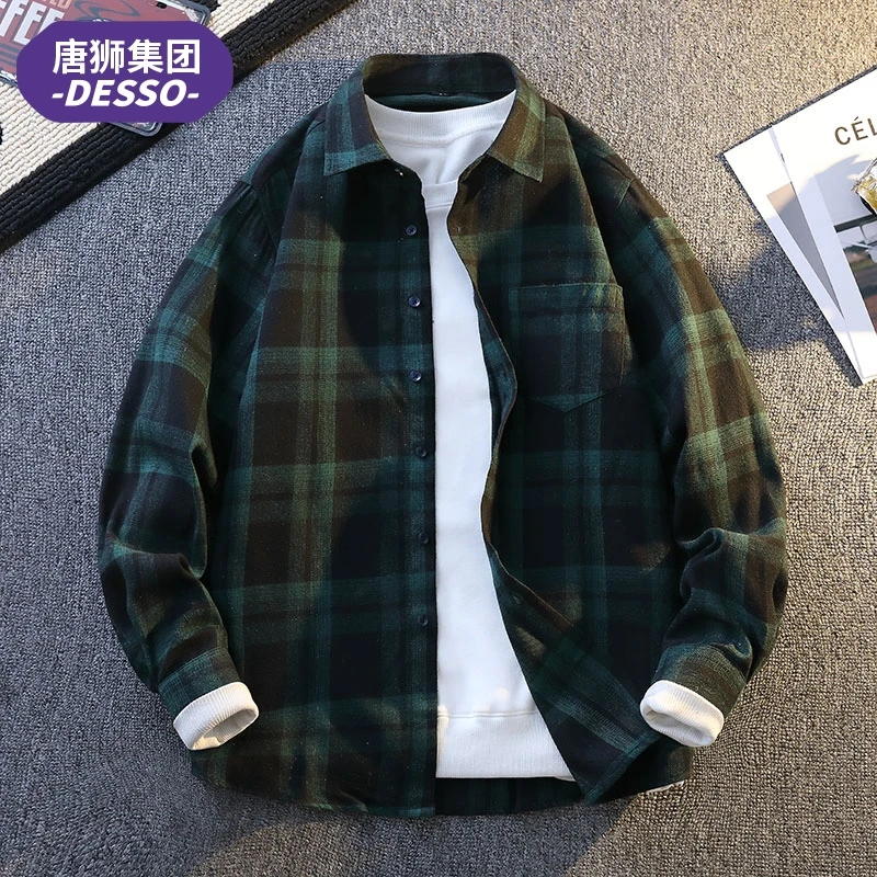 唐狮集团DESSO日系格子长袖衬衫男秋季休闲宽松百搭衬衣潮流外套
